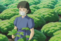 A triumphant portrait of Yui, her face covered by a respirator but her eyes gleaming with hope, holding a sprouting seedling from the mythical plant against the backdrop of her rejuvenating biodome. The encroaching solar punk aesthetics are evident as new, sustainable structures rise amidst the lush greenery.