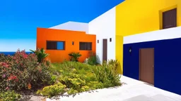 A vibrant architectural scene featuring Luis Barragan style houses with colorful walls, showcasing geometric shapes and a lush garden with native Mexican plants under a bright blue sky., navy blue, white and bold yellow color scheme, studio lighting, copy background, professional grading, advertising