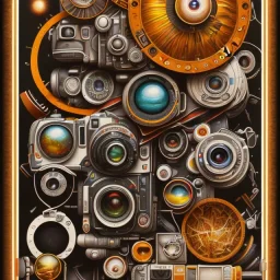 components of the camera laid out flat. poster design. high detailed. oil on canvas.