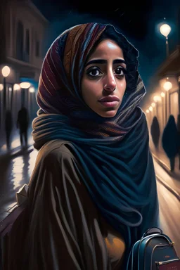 Nervous, beautiful, Egyptian girl, loves to travel, from Egypt, travels to Hamburg, warm suitcase, night roads veiled