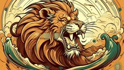 fantasy cartoon style illustration: Long, long ago in ancient China, there was a fierce beast called “Nian”. Its head looked like a lion with a sharp horn on it which could be used to attack its prey.