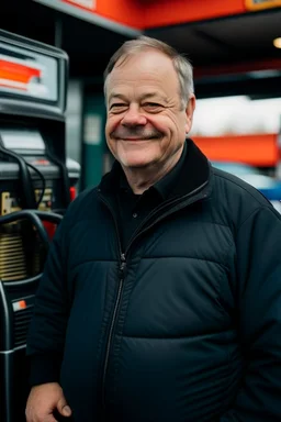 Portrait of a 60-year-old man with Down syndrome wearing a black uniform and smiling next to a gas pump