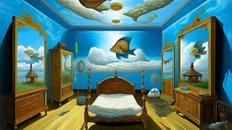 Surrealist painting of a room with walls painted with a blue sky and white clouds. The room contains a wooden bed with a tribal mattress on which a creature rests, and an oversized comb serves as a headboard. A mirrored wardrobe reflects part of the room, and a giant razor blade rests on it. In the foreground, a large translucent water goblet with a fish inside rests on a checkered rug, dominating the scene. Dreamlike atmosphere.