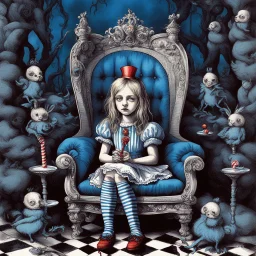 Alice's adventures in Weird-land, Alice sitting on a Queen's throne with candy cane striped scepter, dark fairytale, surreal asymmetrical maximalism, by John Tenniel, by Alexander Jansson, by Gustav Dore, liquid color ink illustration, blue and white color scheme.