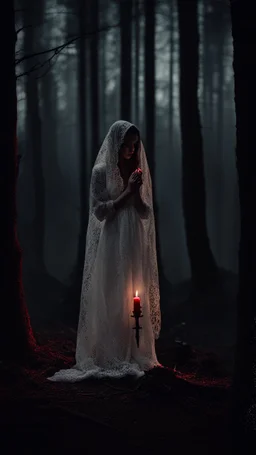 girl alone wearing lace veil with blood on it praying in the forest in the dark.cinematic.candles all around her