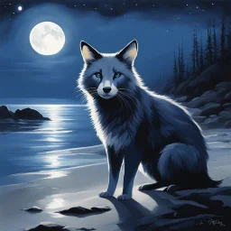 [art by Jo Trilling] furry creature prowled the shore with grace. Its sleek coat glistened under the moonlight, with its markings shimmering in shades of blue, black, and grey. Its head and small ears twitched as it scanned the shoreline, its powerful limbs poised for action. A sense of wonder and danger filled the air, it has a robust and elongated tail, collapsing like a fluke, glowing furry chimera