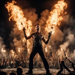 Still photo of a wild Rammstein Concert while performing Feuer Frei, facial flamethrowers, microphone stands on fire, elaborate fire pyrotechnics, photorealistic, dramatic, cinematic, kinetic, concept art, by Roger Ballen