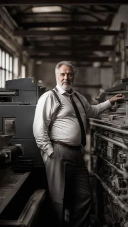 italian strong chubby 55 year old man in smart gray suit, unbuttoned shirt, short beard, shirtless, printer in an old printing house, next to a huge old printer, dim light, side light, ambient occlusion