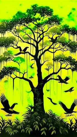 Jungle birds flying around big tall tree, painting, yellow and black