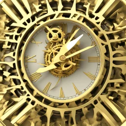 Create a 3d fractal base wall clock with see throgh golden gears rotating , showcasing a harmonious and synchronized movement. that show fast time passing in a beautiful abstact environment