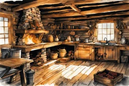 ink wash and watercolor illustration of the interior of an 18th century rough hewn New England clapboard cabin, with a dry laid stone hearth , rustic furniture , kitchen utensils, candles, oil lamps, hanging herbs , curing game meat, in the comic book style of Bill Sienkiewicz and Jean Giraud Moebius , sharp focus, natural light and shadow, rich earth tone colors