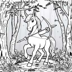 Centaur, in Greek mythology, a race of creatures, part horse and part man. Make black and white cute drawing of a centaur (part horse and part man) with black bold lines. Only outline, no grayscale. A centaur holding a bow and arrow in an enchanted forest.