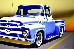 a true-to-life 1956 ford f-100, classic wheels, centered, intricate, extreme detailed, photorealism, center view, suburb background, pivot on ford, pen and color marker, painting by cheryl kelley