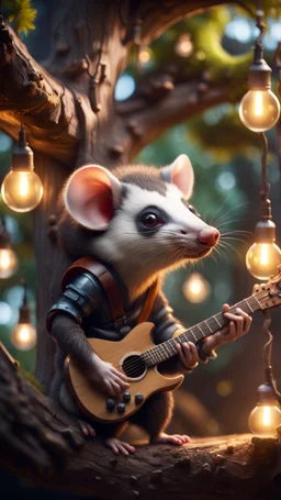 portrait of hairy rock guitar ninja opossum living inside a tree house in a hollow huge tree growing light bulbs,bokeh like f/0.8, tilt-shift lens 8k, high detail, smooth render, down-light, unreal engine, prize winning