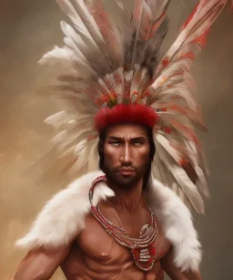 Guaicaipuro, native american god, 30 years old, Muscular warrior, red feathers headdress, shirtless, angry look