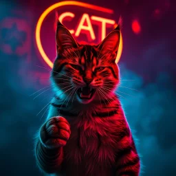 A CAT performing at dance club, his name CAT and looks crazy, looks very aggressive look, Neon lights and smog, Im a CAT SIGN ON WALL
