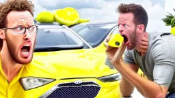 guy in hurricane arguing on phone next to his kia sportage made out of lemons