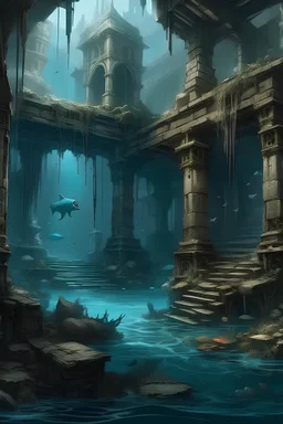 A D&D dungeon, inside ruins of crumbling and ancient buildings, built by intelligent aquatic humanoids, underwater feeling buildings built by auqutic intelligent humanoids, coral organic architecture, symbiotic arcitecture with ocean, seashells, ominous crumbling, flooded and destroyed