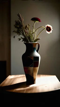 Wabi Sabi abstract patchwork,beautiful vintage ancient vase on table with flora herbal,deep rich black colors,minimalistic,painting,surreal magic fantasy,perfect composition,detailed intricate insanely octane render trending on artstation,8 k artistic photography,concept art,soft natural volumetric cinematic perfect light,chiaroscuro,award-winning photograph,masterpiece,oil on canvas,raphael,greg rutkowski,beeple,beksinski,deep rich colors,magic lighting,gold accents