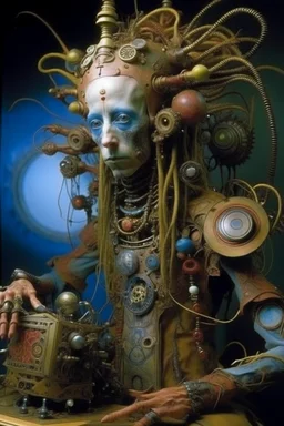 photo by tim walker : loan-blend human-alien biomorphic-animals squid indefinite head extreme wide shot head to toe portrait of weird krofft pufnstuff puppet voodoo cutie sitar player king human nervous systems, renaissance faire alex grey hyper detailed michael cheval with a playful expression made out of mechanical parts and robot arms; cyborg details, unusual and obscure photograph by františek vobecký of a surreal scene of ghastly men, pop art, clive barker style, 300mm f/.8, raw cinematic p