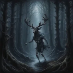 fine matte oil painting, dark gothic fantasy, dramatic, unsettling levitating mythical ethereal dark elf-stag hybrid in a dark misty primordial forest, disturbing, moody, malevolence and grace, intricately detailed, complex contrast, dynamic composition; cinematic lighting; extravagantly composed masterpiece, grand