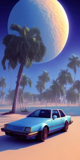 1980's aesthetic vaporwave palm trees with spheres and car