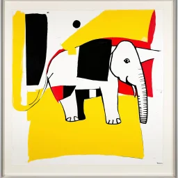 abstract art, elephant contrivance, by Joan Miro and VS Gaitonde, mind-bending abstract image, fragmented, subconscious deconstructivism, yellow and black and white and red color scheme