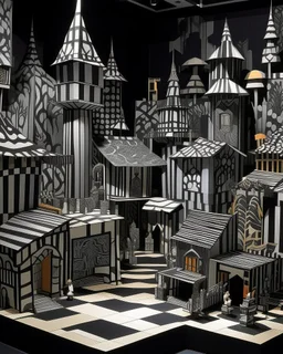 A gray mechanical village made out of steel designed in Javanese shadow puppets painted by Victor Vasarely