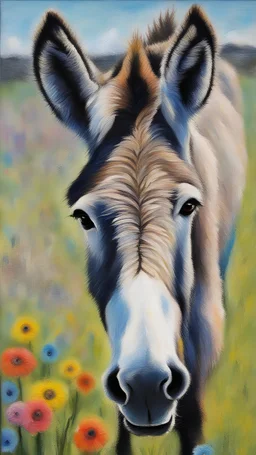 donkey, the vibrant monotony of colorful greys, a rainbow of shadows vast field with flowers oil pastel