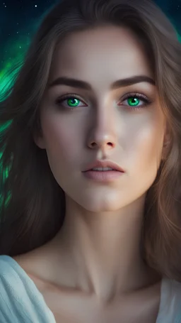 art of a beautiful girl just awake from sleep and the moonafter her, 4k colors. real skin, looking at the sky, green eyes
