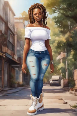 Create a watercolor image of a curvy black female wearing tight cut up jeans and a off the shoulder white tshirt with timberland boots. Prominent make up with hazel eyes. Highly detail dread locs