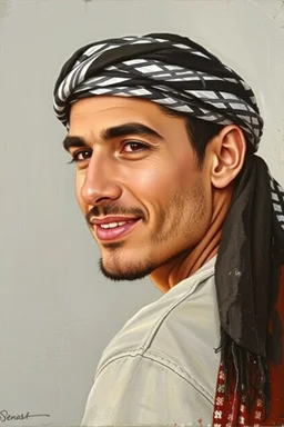 A young Palestinian man, forty years old, wearing a keffiyeh, has a beautiful face, turns his face to the right, has a slight smile, his mouth is closed and his teeth are not visible, his eyes are looking to the left, he appears to be drawn with oil paints