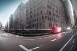 A Tesla 'Semi' (semi truck) is going at a high speed, on 'Wall Street', in New York. (CINEMATIC, WIDE ANGLE LENS, PHOTO REAL)