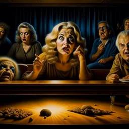 Spooky, ultra realistic distress, dining, chair, ultra realistic hot woman, nose, giant eye on a table, organic hot bondes, dynamic, anguish, excited and lively scene, hypermaximalist figures, Creepy the Ring Alfred Hitchcock, Sam Raimi, insanely detailed, sinister, John Carpenter, Dario Argento, ornate