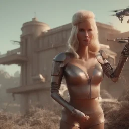 Ultra Realistic retro sci-fi movie scene, waist up view portrait, blonde woman pointing a gun, sweet young Claudia Schiffer face, perfect iris, glow eyes, makeup, weapon. Drones background, Retro sci-fi style, helmet, tight latex coat, fog, rain, soft color, highly detailed, unreal engine 5, ray tracing, RTX, lumen lighting, ultra detail, volumetric lighting, 3d, finely drawn, high definition, high resolution.