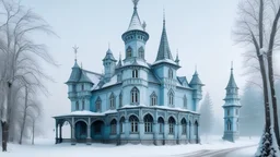 An evil looking chateau in a light blue winter designed in German folk art