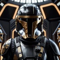 star wars bald male corellian pilot wearing dark gunmetal grey and black First Order special forces TIE pilot armored flightsuit and helmet with gold trim inside the jedi temple, centered head and shoulders portrait, hyperdetailed, dynamic lighting, hyperdetailed background, 8k resolution, volumetric lighting, light skin, fully symmetric details