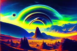 Alien landscape with Epic explanet with rings in the sky, valley, cinematic, impressionism influence, realistic painting