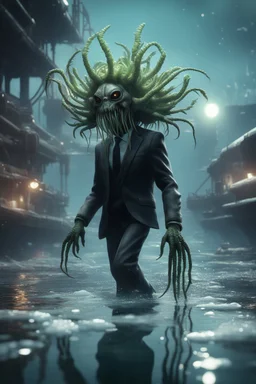 xcom's terror from the deep giger style alien with suit and tie and sea weed crown crawling while hovering over the icy docks in fallout 4 setting, bokeh, downlight, prize winning, depth of field, in the style of ivo caprino