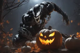 Venom pumpkin in nier automata artstyle, halloween them, winter, close picture, fantasy world, intricate details, highly detailed, high details, detailed portrait, masterpiece,ultra detailed, ultra quality
