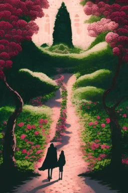 grande jardim de rosas, com um caminho de pedra no meio dele, e uma silhueta de um casal de apaixonados no final do caminho, dia ensolarado