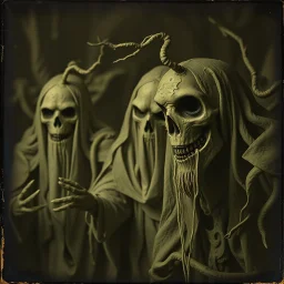 Daguerrotype close up of some mysterious figures, odd background, cinematic, Hieronymus Bosch, Max Ernst vegetal life, rotten, ambient light, ghost, cry