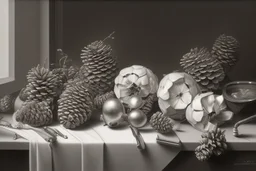 a realistic still life graphite drawing of pine cones in the classical style of Pieter Claesz, Jan Jansz. van de Velde and Anthonie Leemans