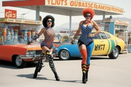 one woman in bright colorful and checkered (high res photo by Ralph Steadman in the 70ties) super heroine in leotard (chevron, lycra, nylon, spandex, tights) stops a massive violent thief at a gas stations, she is the queen of jujustu