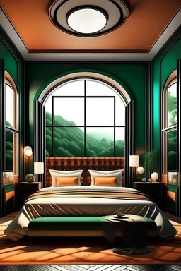 A cozy bedroom in the style of Art Deco with a view conveying the nature of your content.