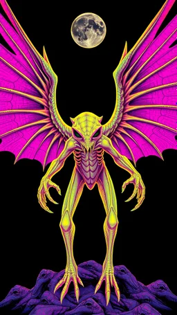 Winged Dingus in the style of Giger and Escher in Fluorescent Colors