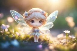 cute chibi gemstone fairy, flowers, in sunshine, ethereal, cinematic postprocessing, dof, bokeh