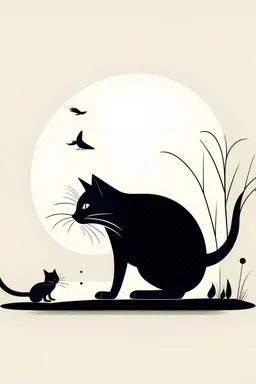 create A minimalist, design with a vintage twist, featuring a cat hunting a mouse