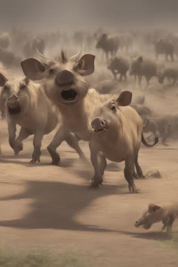 Close-up animation of a mischievous group of wild warthogs wearing sunglasses and attempting to breakdance in a comical fashion.