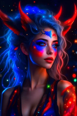 Beautiful demon queen dragon woman, upper body, two legs, beautiful detailed eyes, stars in the eyes, messy floating hair, colored inner hair, Starry sky adorns hair, Galaxy, depth of field, 8k, stain glass outfit, good hands, best shadow, best illustrates,